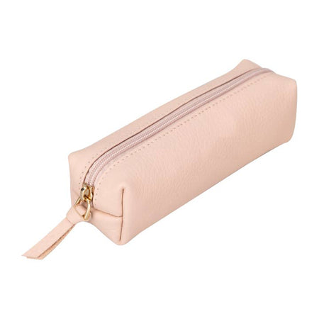 Light pink leather soft sided zipper pouch with zipper across the top.