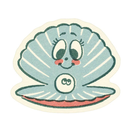 Sticker in the image of a blue oyster with a small white pearl inside.