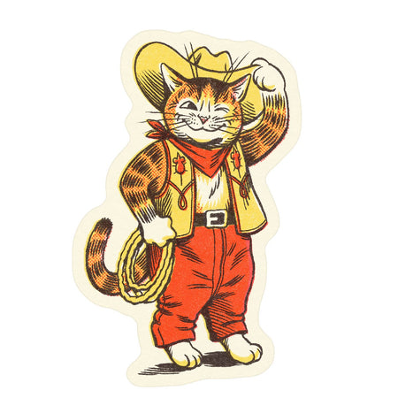 Sticker in the image of an orange cat dressed as a cowboy wearing a vest, cowboy hat and belt buckle, holding a lasso.