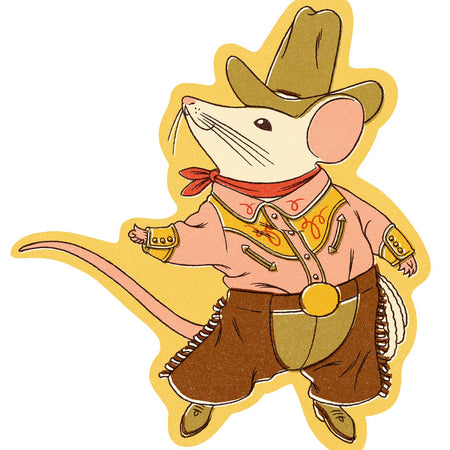 Sticker in the image of a brown mouse dressed as a cowboy wearing a vest, brown chaps, cowboy hat and belt buckle, holding a lasso.