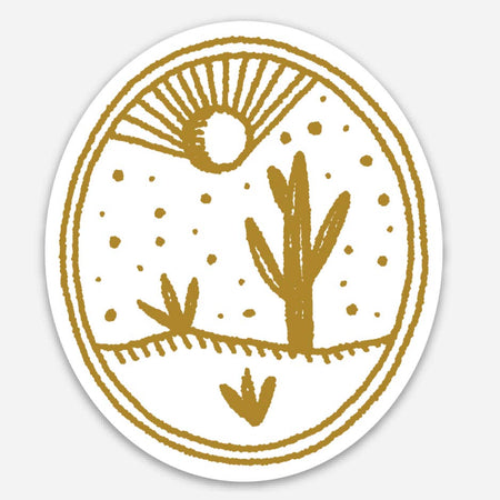 White oval sticker with images of gold cactus, gold sunshine, and gold dots.
