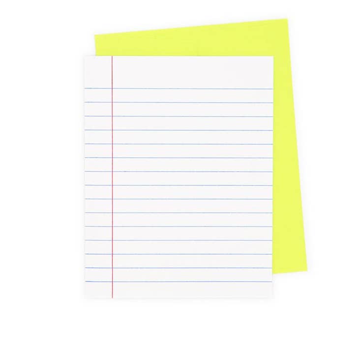 White card desinged to look like loose leaf notebook paper. A neon yellow envelope is included.
