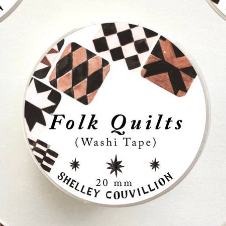 White background washi tape with images of different colored quilt star patterns. 