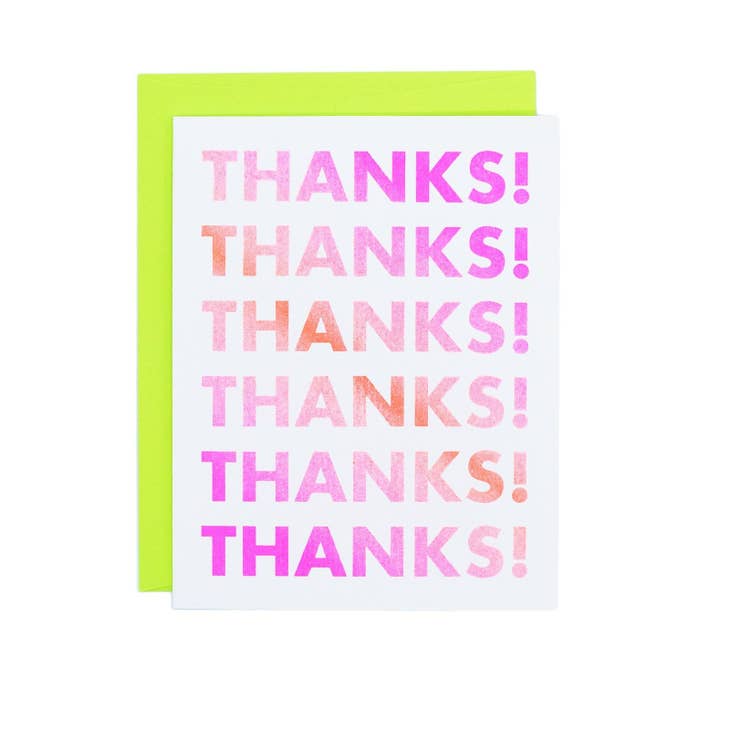 White card with pink and orange ombre text saying, 