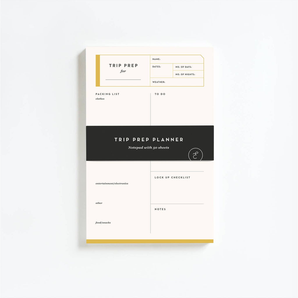 Ivory notepad with trip planning tasks such as packing list, to do, lock up checklist, notes, dates, number of days and number of nights all in black text.