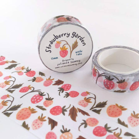 White washi tape with repeating images of various colored strawberries and leaves.