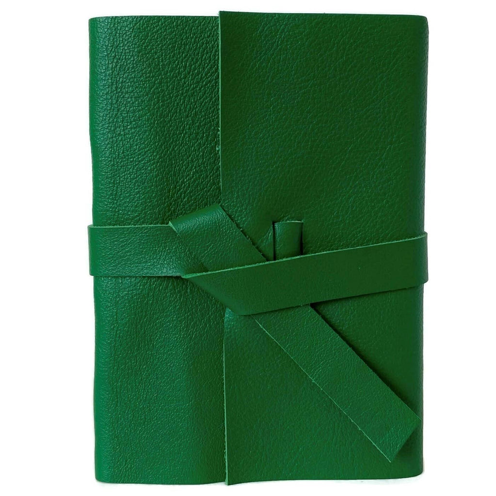 Green soft leather cover with two leather straps crossed in the middle.