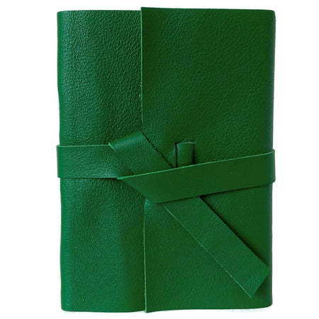 Green soft leather cover with two leather straps crossed in the middle.