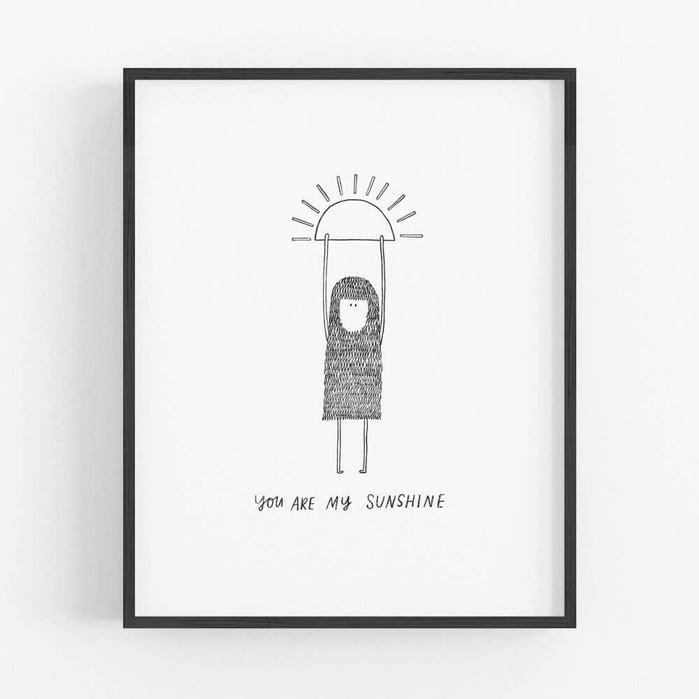 Art print with a precious hand illustrated woolie creature hanging from the sun. 