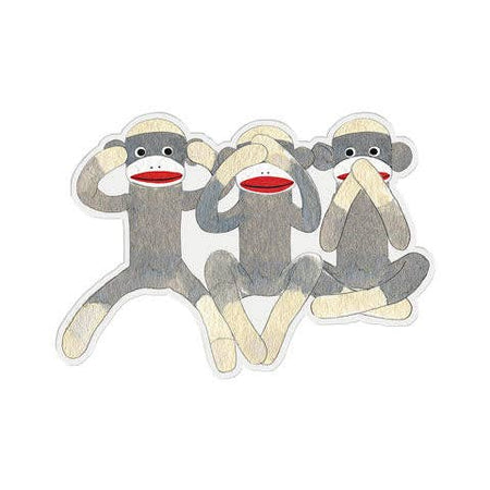 Image of three sock monkeys: one with its ears covered; another with its eyes covered; and the last with its mouth covered. 