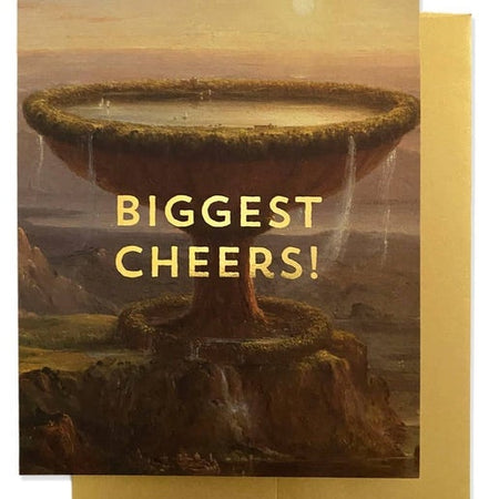 Card with classical painting of a fountain and yellow text saying, “BIGGEST CHEERS!” A gold foil envelope is included.
