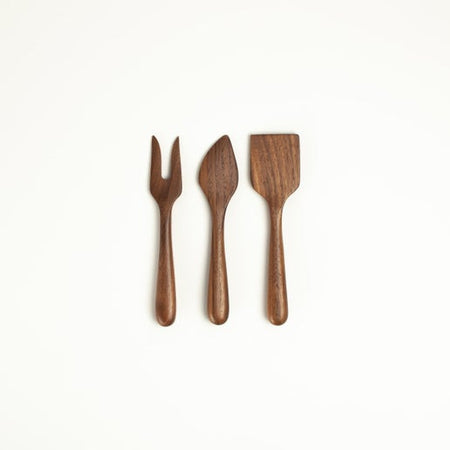 Small wooden cheese utensil set including a fork, spreader and a flat knife.