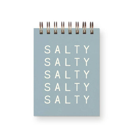 Small notebook with 'SALTY SALTY SALTY' in white text on a light blue background Gold coil binding across the top.