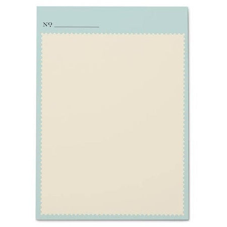 Blue notepad with image of a white postage stamp cutout in the center.