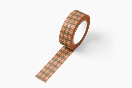 Decorative tape with plaid design of green, orange and white.