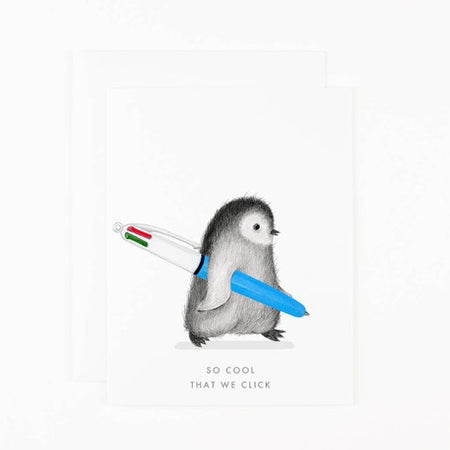 White background with a penguin holding a multi-colored click pen. Gray text saying, “So Cool That We Click”. A white envelope is included.