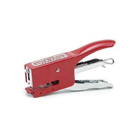 Red hand held industrial stapler.