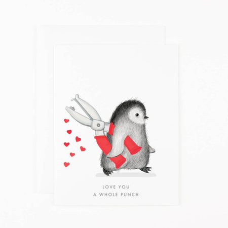 White background with penguin holding a whole punch with small red hearts trailing behind him. Gray text saying, “Love You A Whole Punch!”  A white envelope is included.