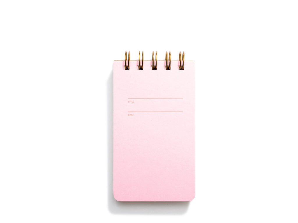 Pink background with rectangular box in center with a place to title and date. Metal coil binding across the top. Inside has lined pages.