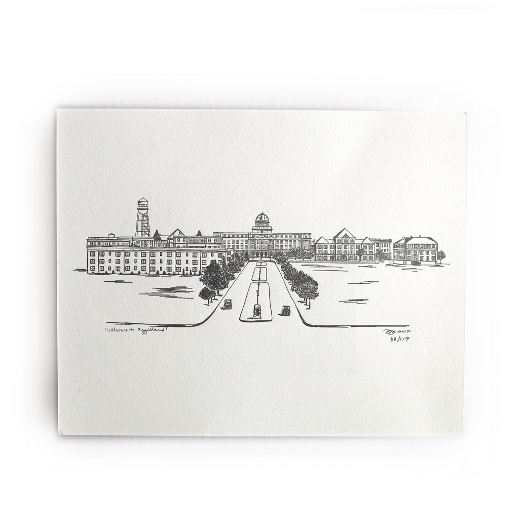 Art print on white background with black ink with images of iconic building from Texas A&M University.