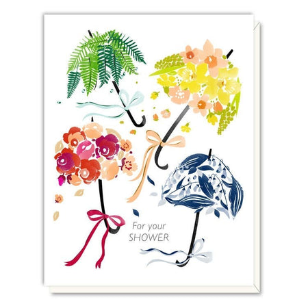 White card with images of four floral umbrellas and black text saying, “For Your Shower”.  A white envelope is included.