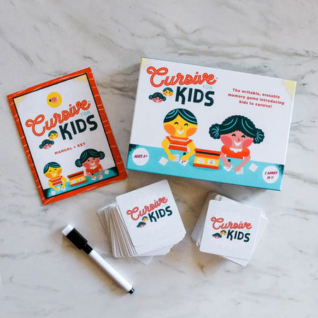 White box with red and blue text saying, “Cursive Kids: The writable, erasable, memory game introducing kids to cursive!” Images of a boy and girl practicing their writing!
