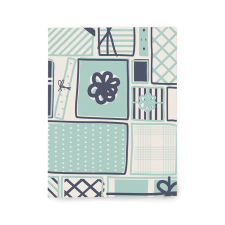 Ivory background with different types of gift boxes in green blue and teal print.