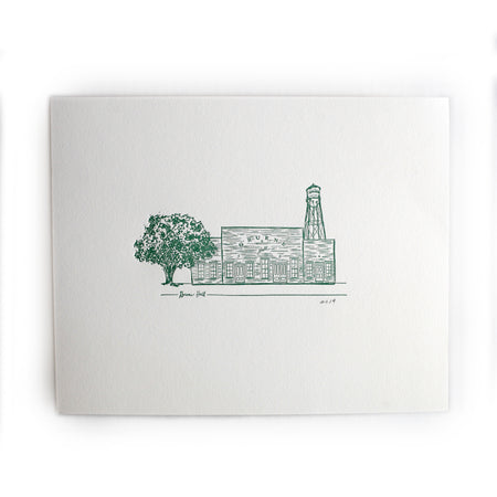 Art print with ivory background and green ink. Image of Gruene Dance Hall in Texas.
