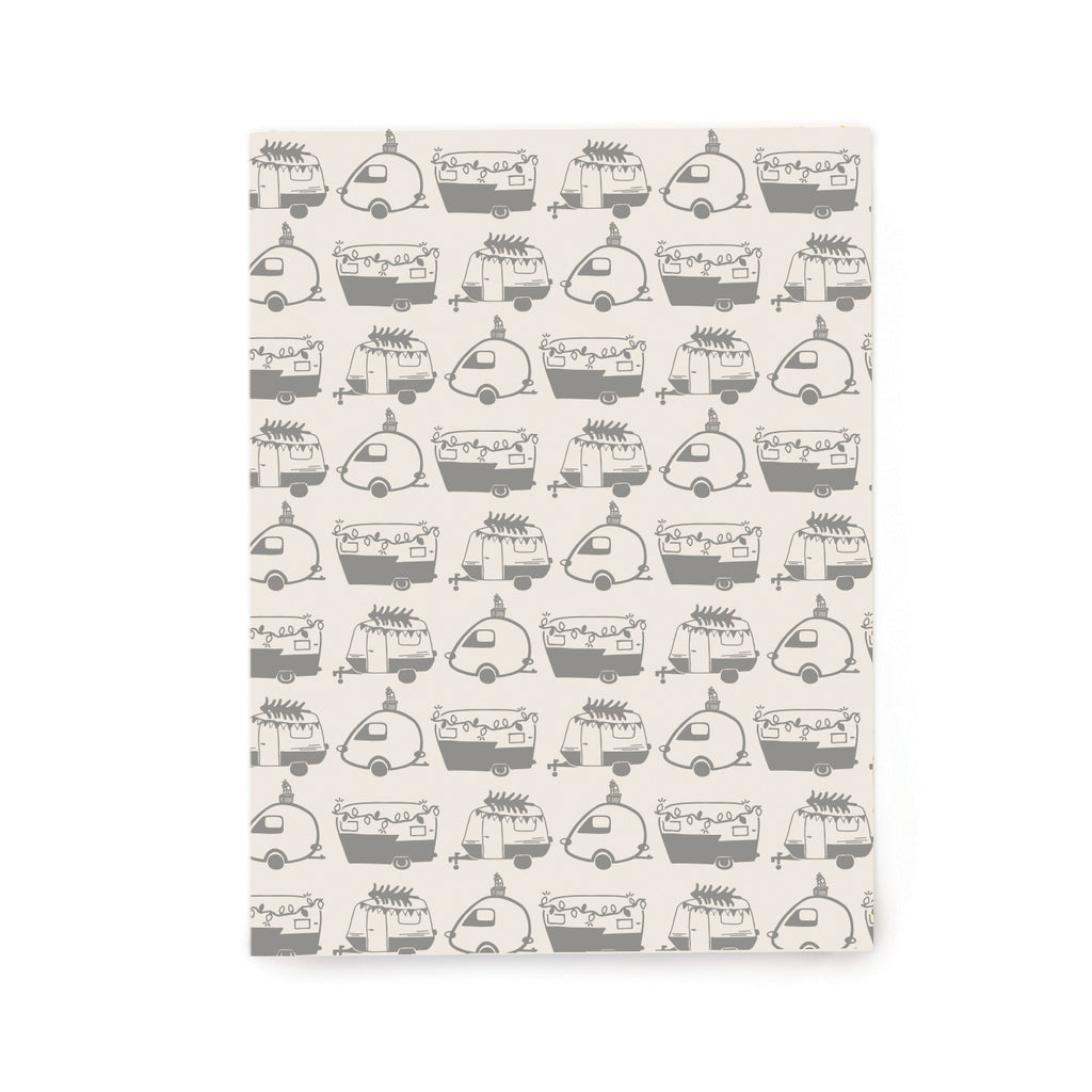 Ivory paper with black vintage campers tiled across paper.