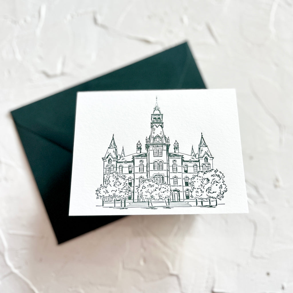 White card with green image of main building at Baylor University. A green envelope is included.