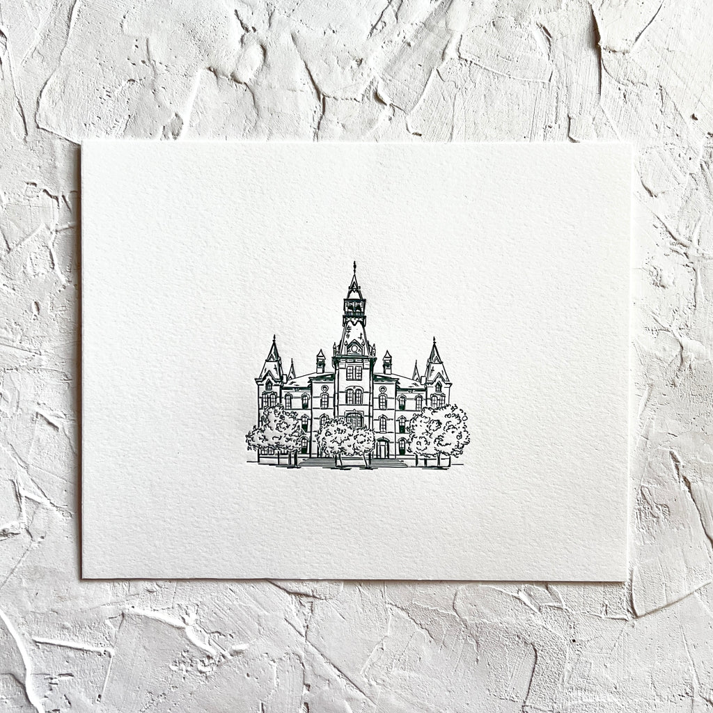 Art print with white background with black image of main building at Baylor University.