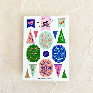 Stickers with various images of colorful pennants and flags with text saying, “Special Delivery For You.”