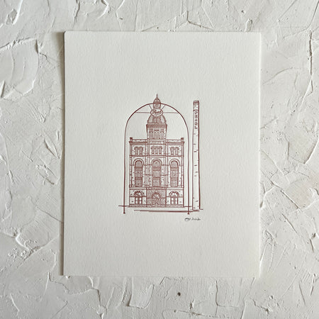 Art print with ivory background and red ink. Image of a building from the Pearl District in San Antonio.