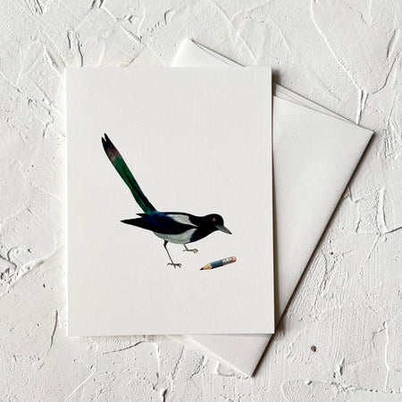 White notecards with image of a black and gray bird and a mini black pencil. A white envelope is included.