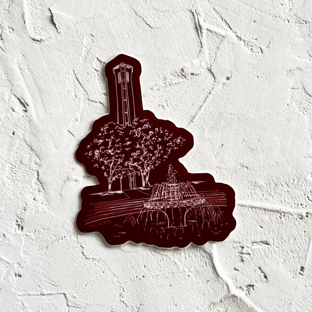 Burgundy sticker with images of tower and fountain from Trinity University.