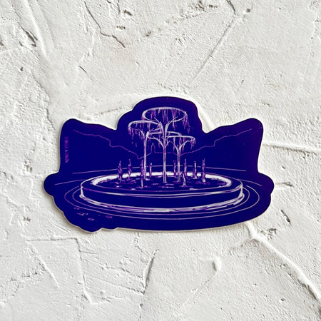 Blue sticker with image of fountain from TCU.