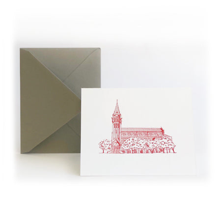 Set of white cards with red print image of the chapel at University of Incarnate Word in Texas. Matching gray envelopes included.