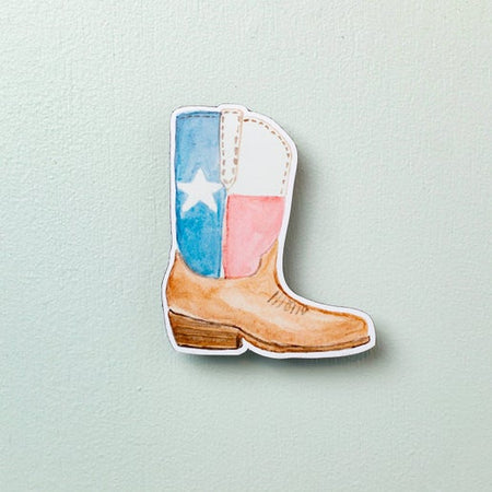 Sticker in the image of a brown cowboy boot with the Texas flag muted on it. 