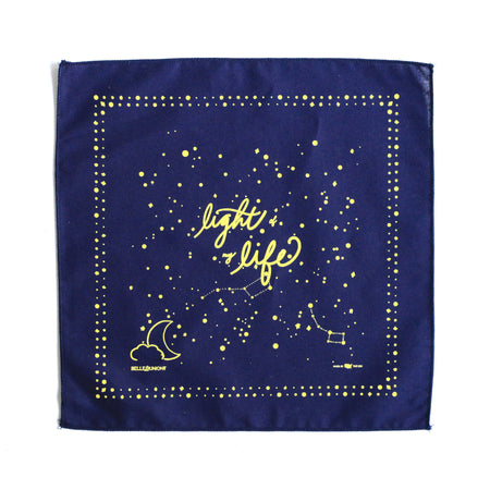 Navy blue square with gold text saying, “Light of My Life”. Images of night sky with star constellations and a yellow moon.