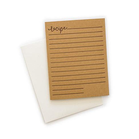Brown card with black and brown text saying, “Recipe” with blank lines horizontally down the card. A white envelope is included.