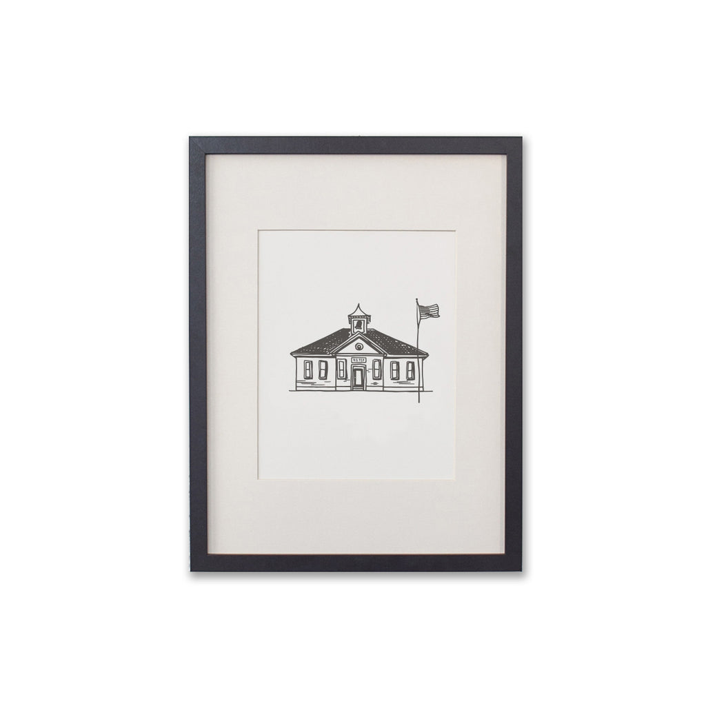 Art print with ivory background and black ink. Image of the a classic schoolhouse with an American flag pole.