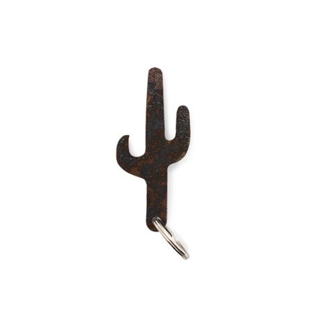Image of a cactus plant made out of steel with silver keyring attached.