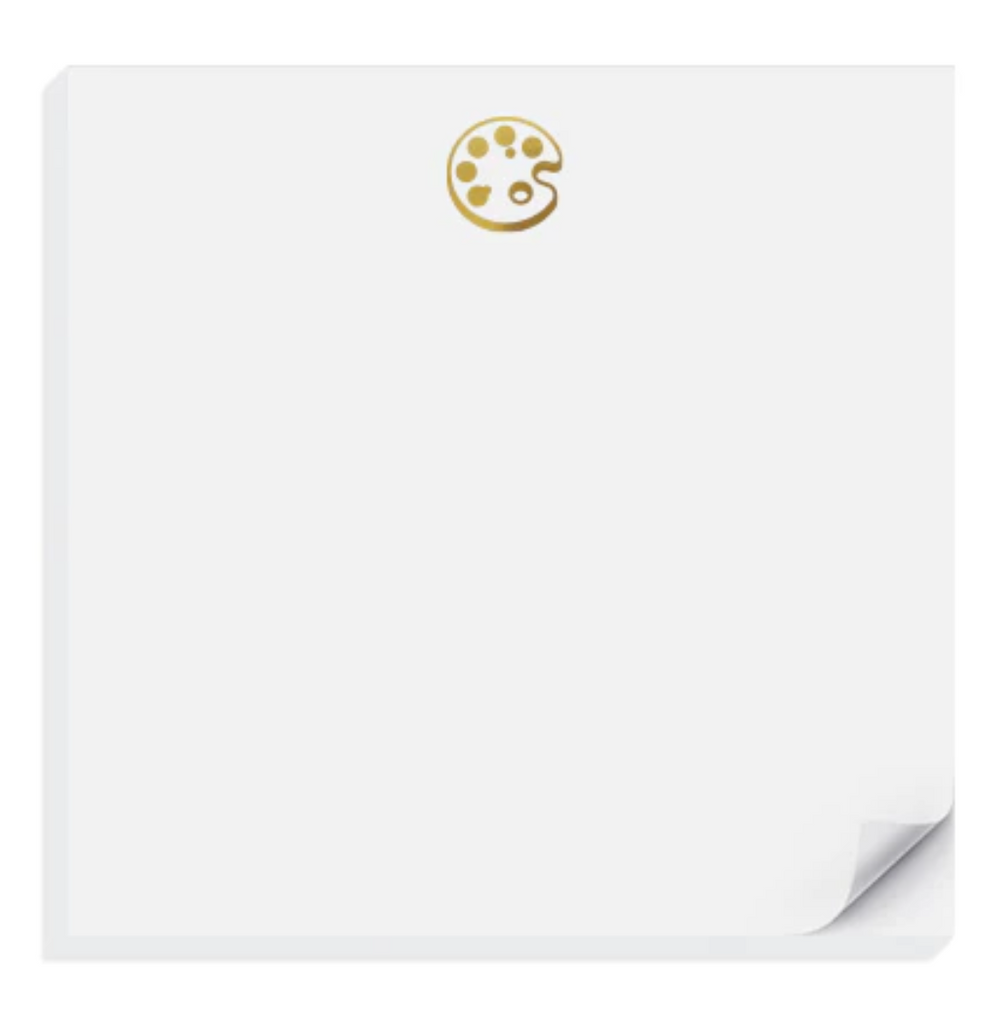 White square notepad with gold foil artist paint palette in top center.