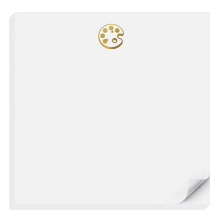 White square notepad with gold foil artist paint palette in top center.