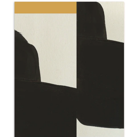 Art print on ivory background with black abstract shapes and gold band across the top.