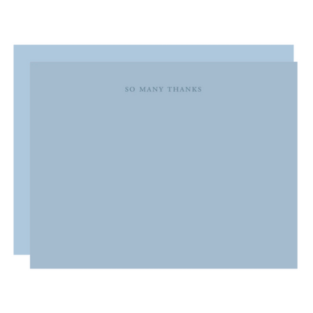 Blue notecards with dark blue text saying, “So Many Thanks” in top center. Matching blue envelopes included. 