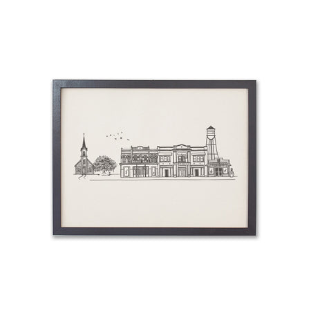 Art print with ivory background and black ink. Images of a vintage southern town block building including dance hall, general store, city hall, water tower and church.