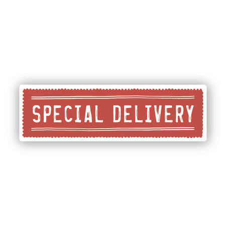 Red rectangle sticker with postage stamp edging and white text saying, “Special Delivery”. 