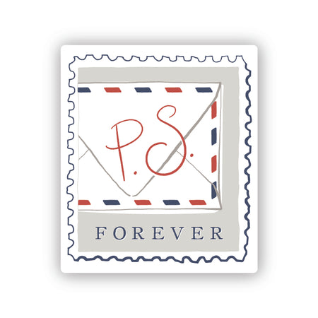 White stickers in the image of a postage stamp with gray background and image of a classic parcel post envelope with red text saying, “P.S.” and blue text saying, “FOREVER”.