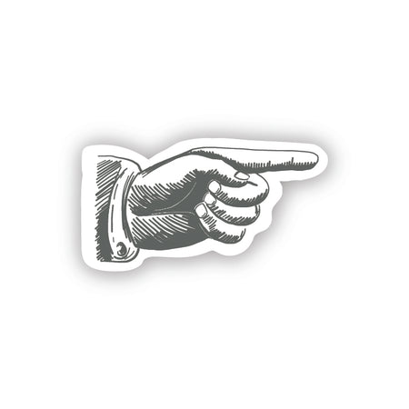 White sticker in the image of a gray pointed finger pointing to the right.